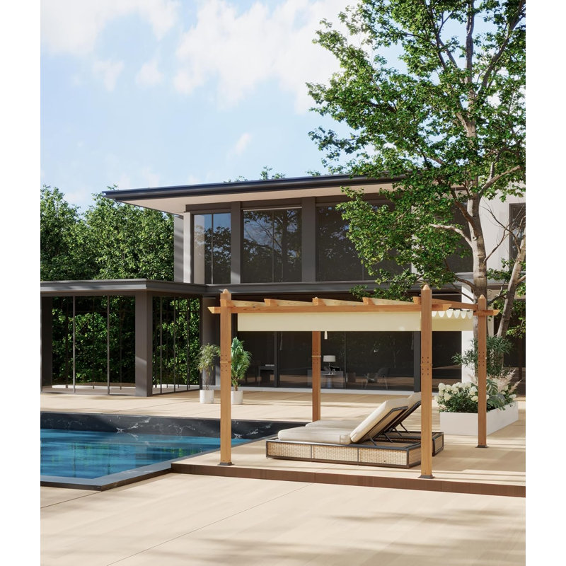 10x13 Retractable Pergola Aluminum Outdoor Pergola with Faux Wood Finish Retractable Canopy for Patio or Deck or Garden or Beach or Pavilion Wood and Gray