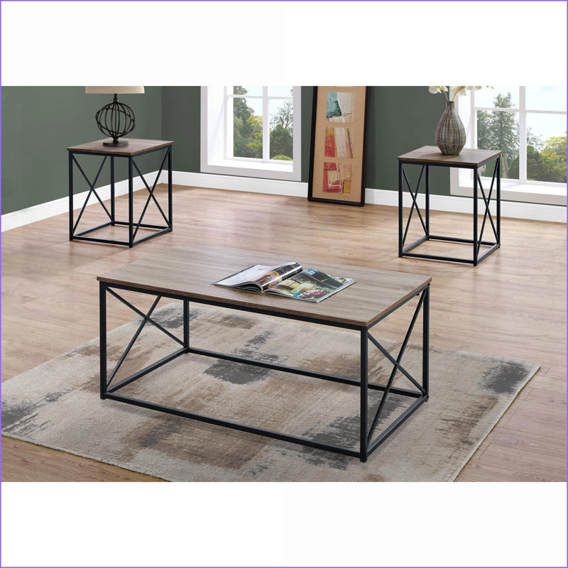 Ensemble de tables basses modernes 3 pièces pour le salon, structure en métal noir avec plateau en stratifié brun, robuste et amp; Surface généreuse