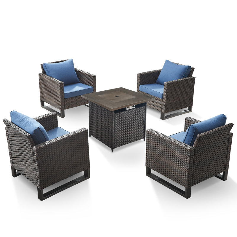 Ensemble de conversation d'extérieur pour 4 personnes avec chaises de patio, coussins et table de foyer Ingvald, Bleu, Gris