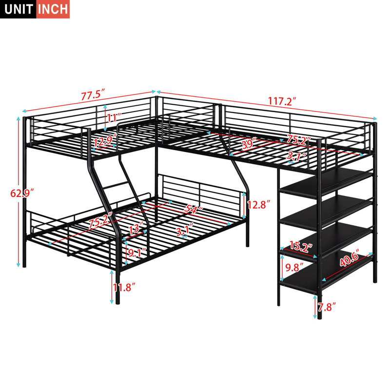 Lit superposé en L et lit mezzanine avec quatre tablettes intégrées