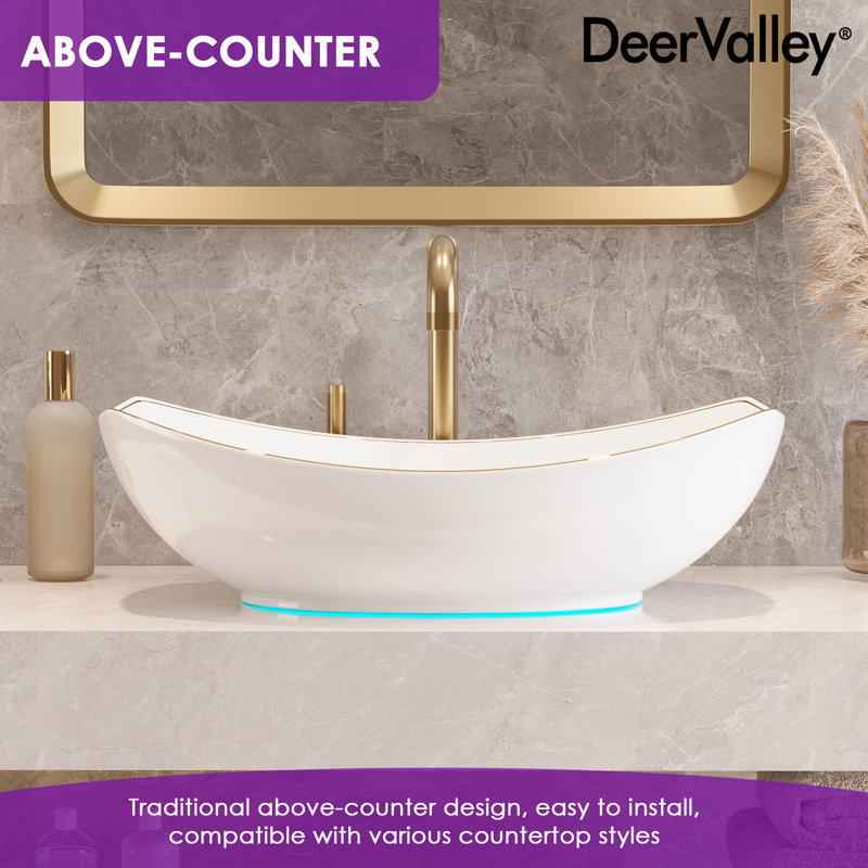 Deervalley 22" X 16" Boat-Shaped Ceramic White Vessel Sink Bathroom Sink With Striped Edges, White/Gold Striped Edges