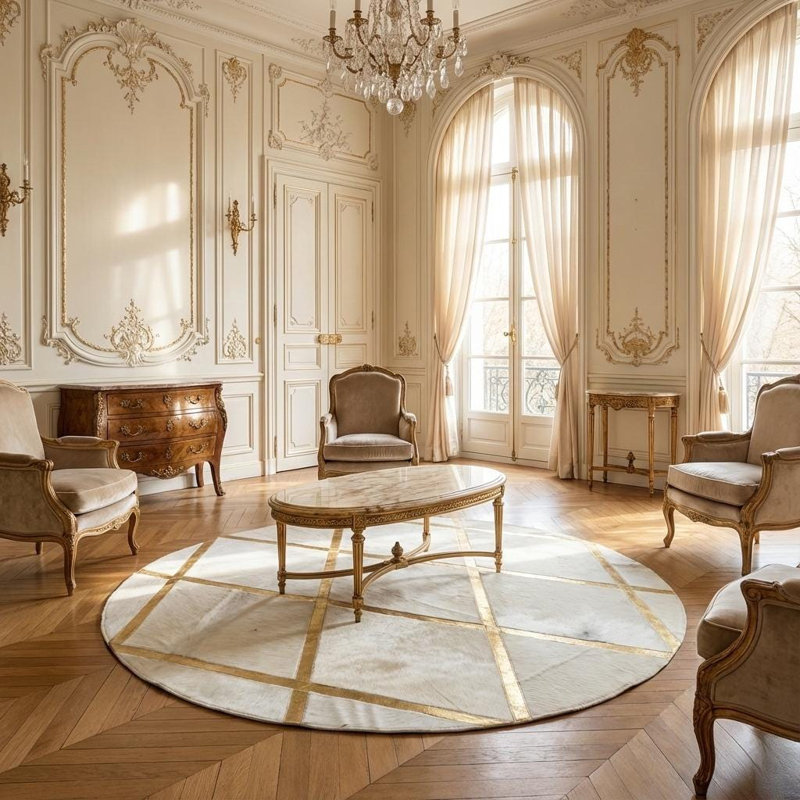 Tapis rond blanc et doré en fausse fourrure, tapis géométrique moelleux, Rectangle 6 pi x 6 pi
