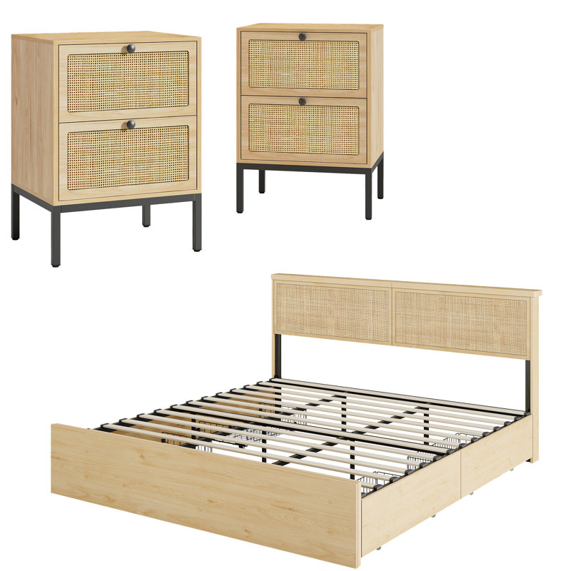 Boho Natural Rattan Bedroom Set, Très grand lit, Trois pièces : lit, 2 tables de chevet