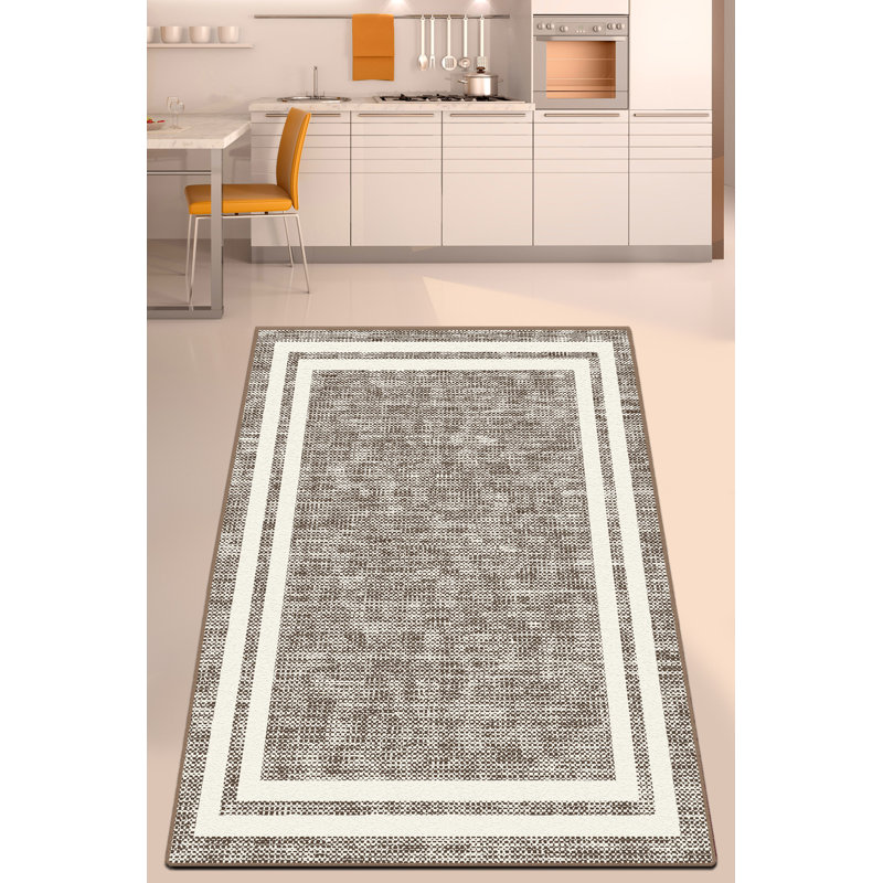Tapis gris / blanc en mélange de polyester tissé à la machine Dube, Rectangle 4 pi 11 po x 6 pi 7 po