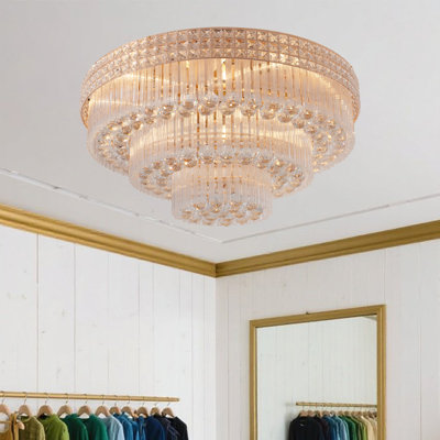 Elegant 31.5'' Gold Flush Mount Chandelier With 3 Tiers Of K9 Crystal, Remote Control, Built-in Led (40w), And 9 E14 Bulb Sockets