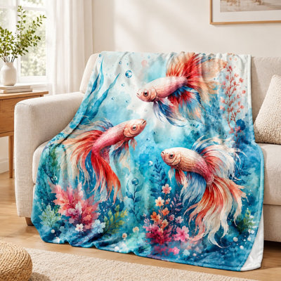 1Pcs Betta Fish Print Flannel Blanket – Vibrant Watercolor Design;Cozy and WarmSingle-SidedMachine WashablePerfect for Home Sofa Bed DecorationIdeal Travel CampingA Unique Gift Idea. Bedding and sofa items