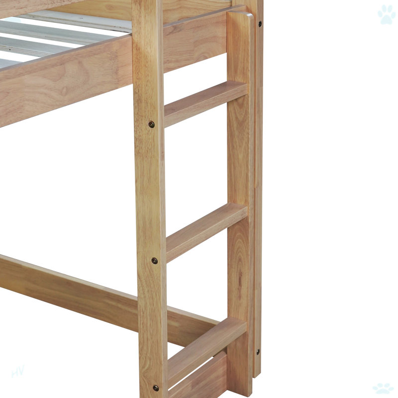 Rubber Wood Floor Bunk Bed, With Ladder,Guardrails, White/Oak