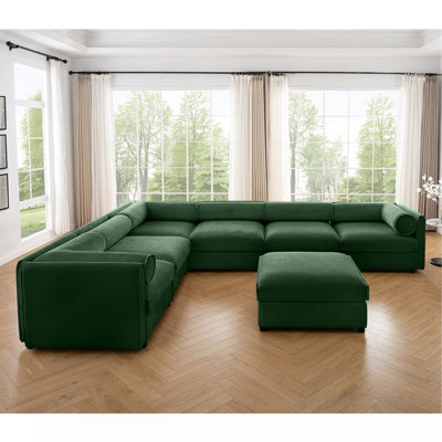 Grand canapé modulaire modulaire avec rangement Canapé modulaire en chenille pour le salon, dossier cylindrique et accoudoirs 6 places, vert