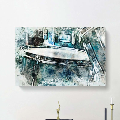 Teal Blue Drum Kit In Abstract - Wrapped Canvas Painting
