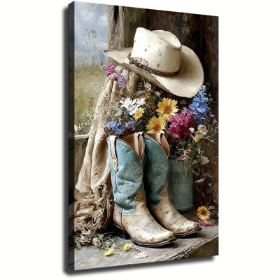 Western Cowboy Still Life Canvas Wall Art Framed Ready to Hang Living Room Bedroom Home Decor