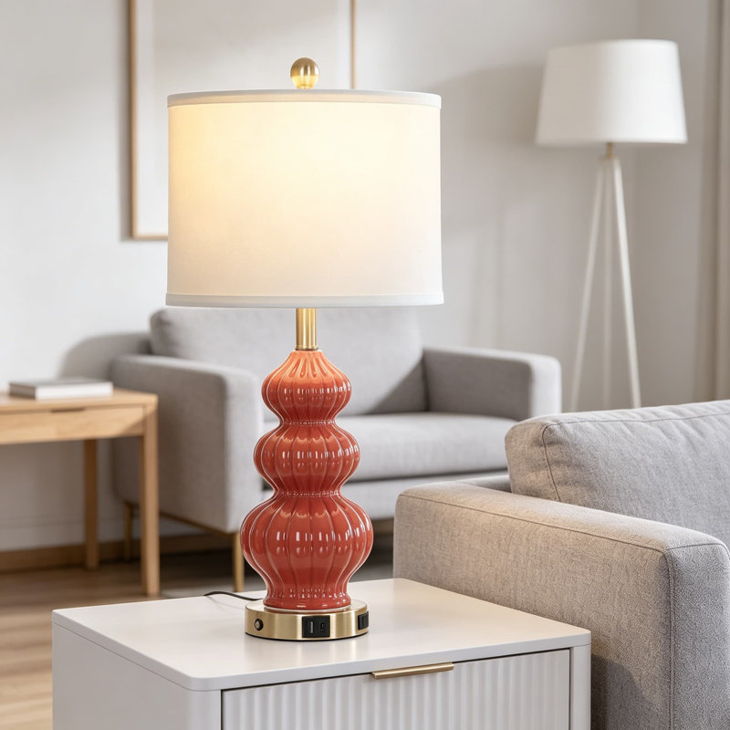 Ensemble de 2 lampes de table Modern Modern en céramique avec 2 ports USB A + C et une prise de courant CA, Orange