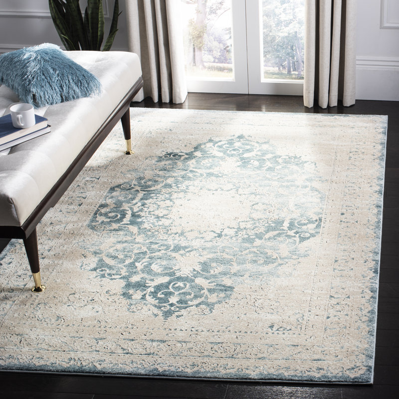 Prager Viscose Oriental Rug in Blue/Beige, Rectangle 5'1" x 7'6"