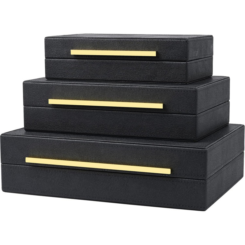 Ensemble de 3 boîtes de rangement en similicuir chagrin noir
