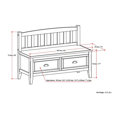Banc de rangement d'entrée Burlington en bois de 107 cm de large avec tiroirs, couleur acajou brun