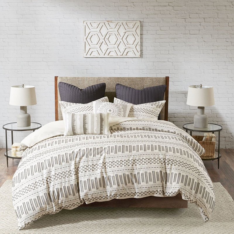 Housse de couette inspirée en coton à rayures horizontales gris anthracite avec taies décoratives assorties