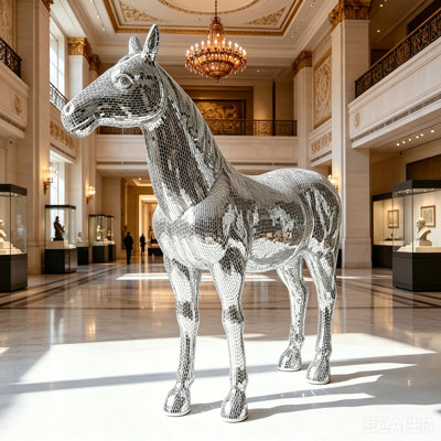72.8" Large Silver Mirror Mosaic Standing Horse Floor Sculpture, Glam Life-Size Decor Statue