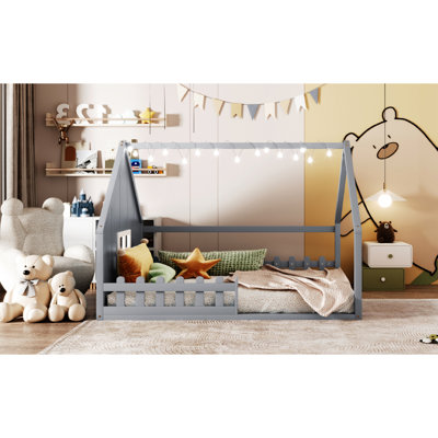 Full Size Wood House Bed, Gray - Pine & , With Fence And Window, Led Illumination, No Box Spring For A Classy Bedroom Bed Solid Structure, , An Elegant