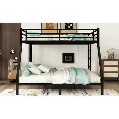 Metal Queen Over King Bunk Bed In Black. Teens & Adults Prefer. Space Efficient. Noise- Nights. Build. No Box Spring. Under Storage. 2 Side Ladders. Ensured