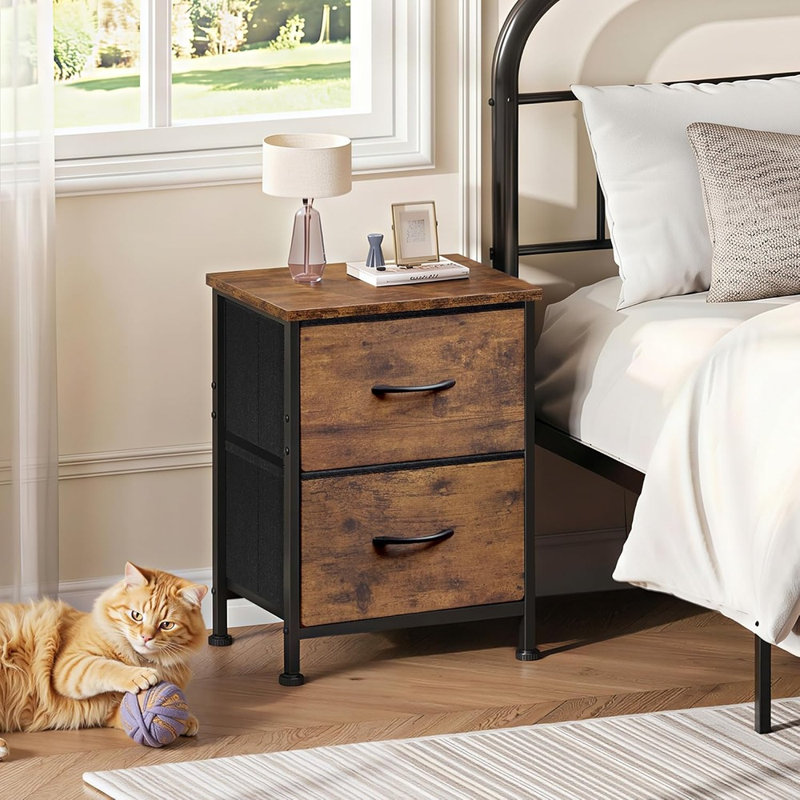 Petite table de chevet avec 2 tiroirs en tissu et plateau en bois, table de chevet brun rustique, rangement compact, structure en acier, table de bout pour chambre à coucher, dortoir et entrée