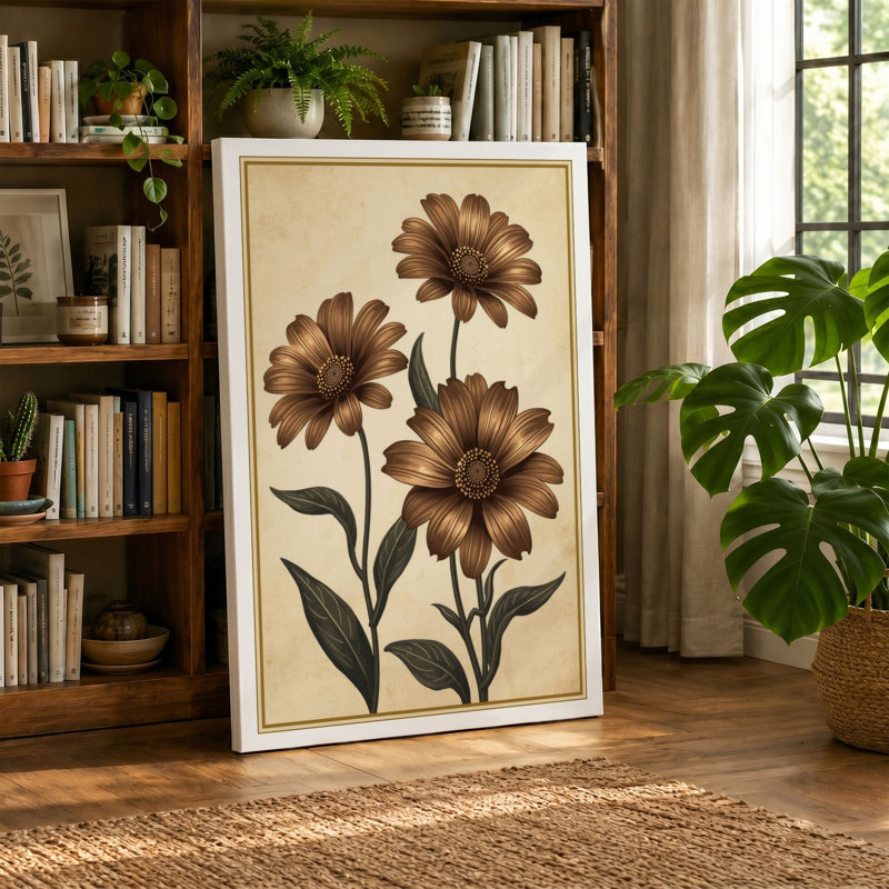 Three Daisy Studies Botanical - Wrapped Canvas, 36x24 - 91.4 x 61.0 cm, Ochre Border