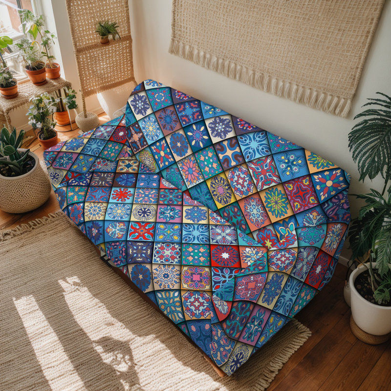 Housse extensible pour canapé deux places, motif patchwork bleu bohème, avec attaches, 100 % microfibre de polyester, 185 cm de large, lavable à la machine