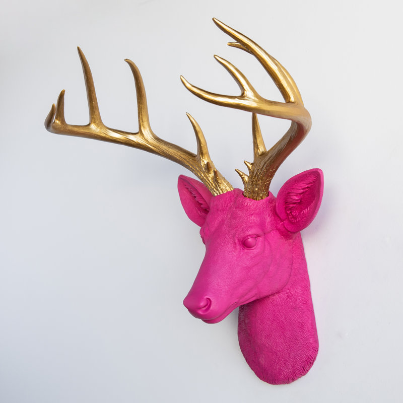 Grande décoration murale fausse tête de cerf naturalisée, Rose / doré