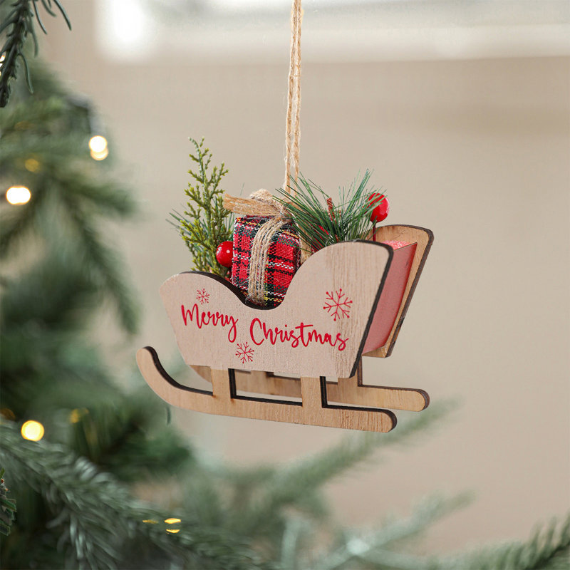Décorations d'arbre de Noël en bois traîneau de Noël, Beige