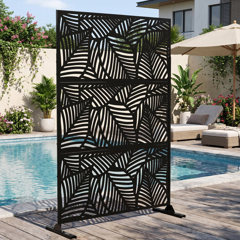 Paravent métallique autoportant à motif de feuilles, 183 cm (H) x 120 cm (L), noir. Séparateur de pièce extérieur.
