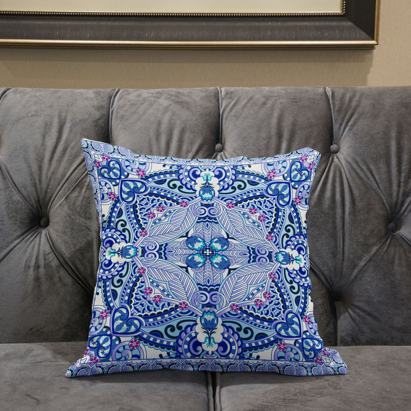 Housse et insert de coussin carré en polyester intérieur / extérieur, 18 po x 18 po, Blanc / bleu / mauve