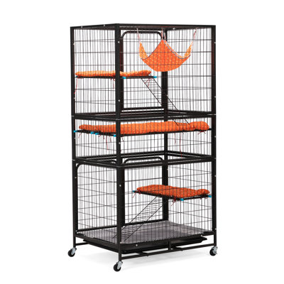 Enclos pour animaux de compagnie de 4 étages avec base amovible - Orange / grande cage noire / orange pouvant accueillir chats, chinchillas, chatons, cochons d'Inde, accès facile