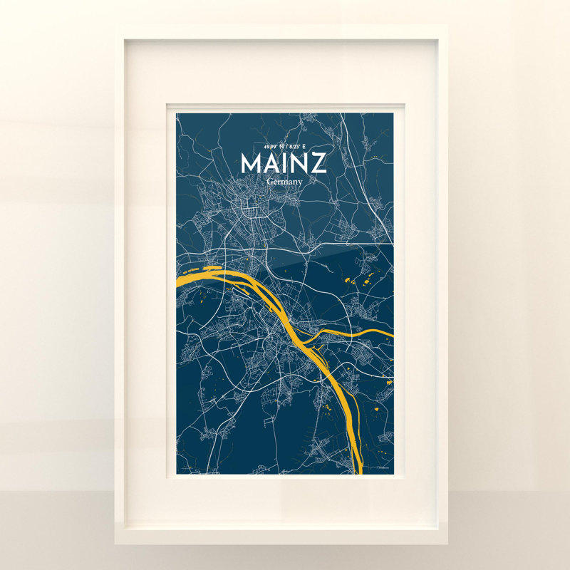 Mainz, carte de la ville, impression, H 17 po x l 11 po, Bleu / jaune