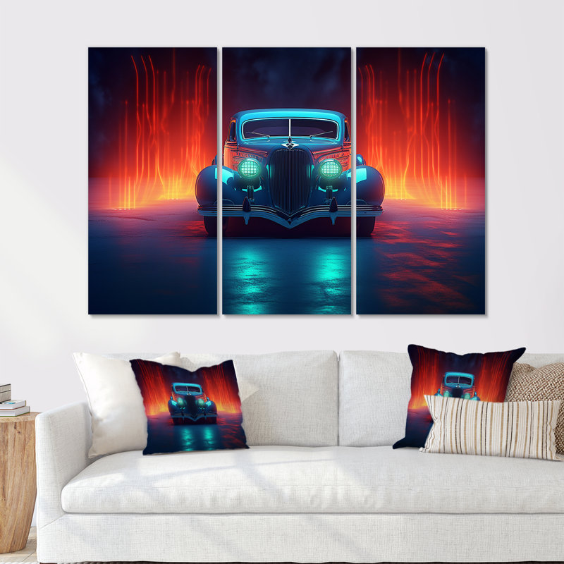 «Neon Light Strips Indigo Vintage Car I», ensemble d'art mural sur toile rétro, H 28 po x l 36 po x P 1 po