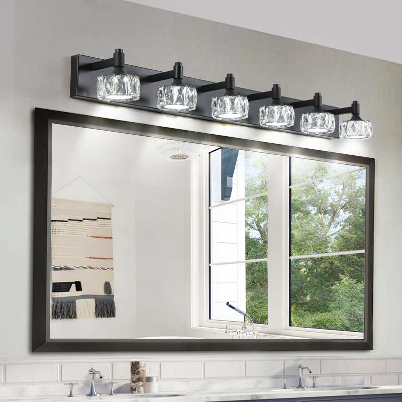 Luminaire de salle de bain moderne à 6 lumières DEL noir mat avec abat-jour en cristal, applique murale pour salle de bain pour un décor intérieur élégant et contemporain