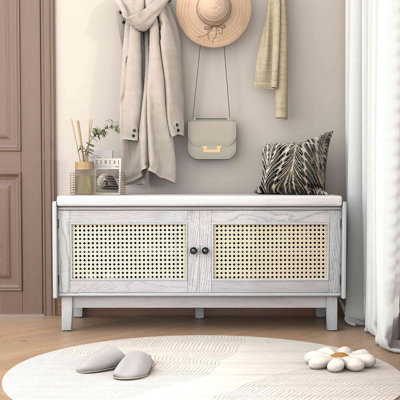 Banc en rotin pour hall d'entrée avec rangement, banc à chaussures rembourré avec portes doubles, banc de rangement en bois pour hall d'entrée et couloir