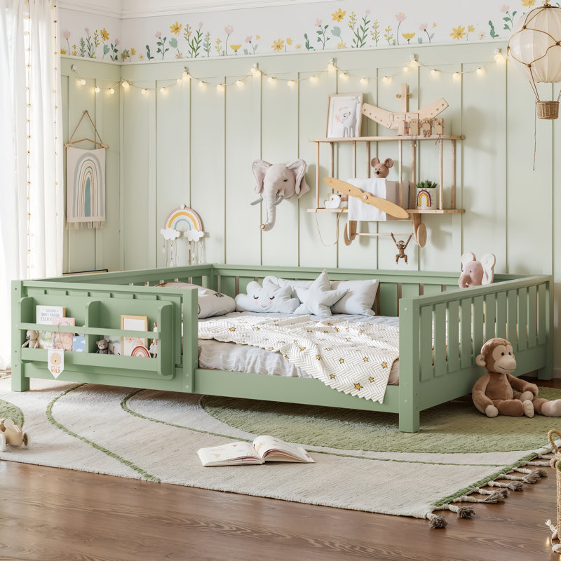 Grand lit avec bibliothèque intégrée et garde-corps de sécurité, lit de rangement, mobilier de chambre à coucher, vert, Queen