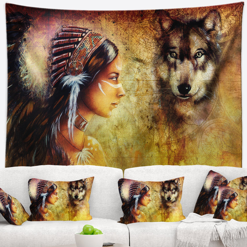 Portrait femme avec tapisserie de loup, H 32 po x l 39 po