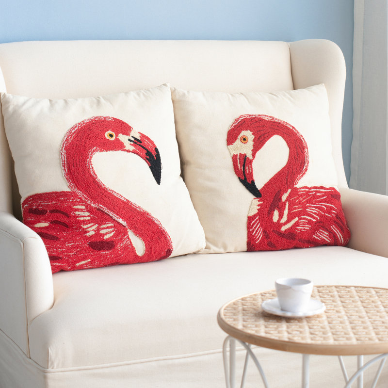 Set of 2 Red and White Embroidered Cotton Flamingo Pillows