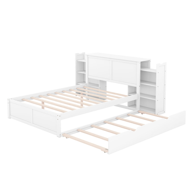 Lit plateforme pleine grandeur avec lit gigogne simple et bibliothèque coulissante, lit de jour blanc en bois massif pour enfants