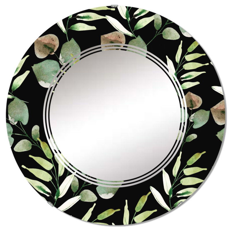 Feuilles vertes tropicales sur fond noir - miroir mural tropical, 24 po x 24 po