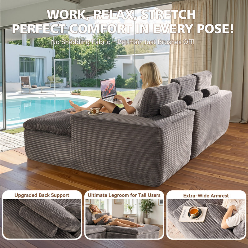 Alcala 130" L-Shaped Modular Sectional Sofa, Grey Polyester