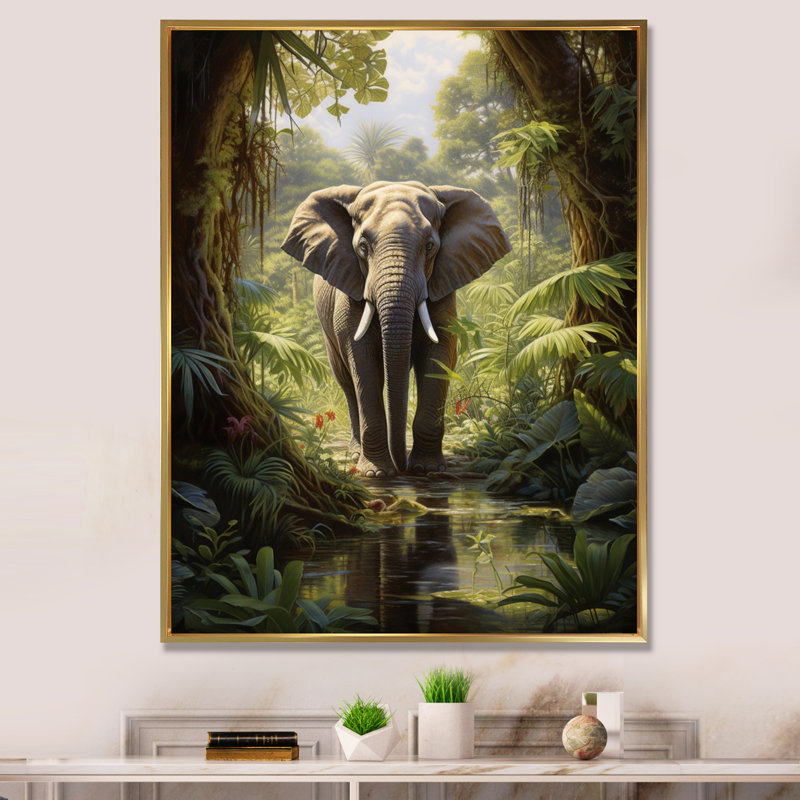 «Clarencia Elephant Jungle Sanctuary IV», reproduction sur toile, H 40 po x l 30 po x P 1,5 po, Cadre flottant doré