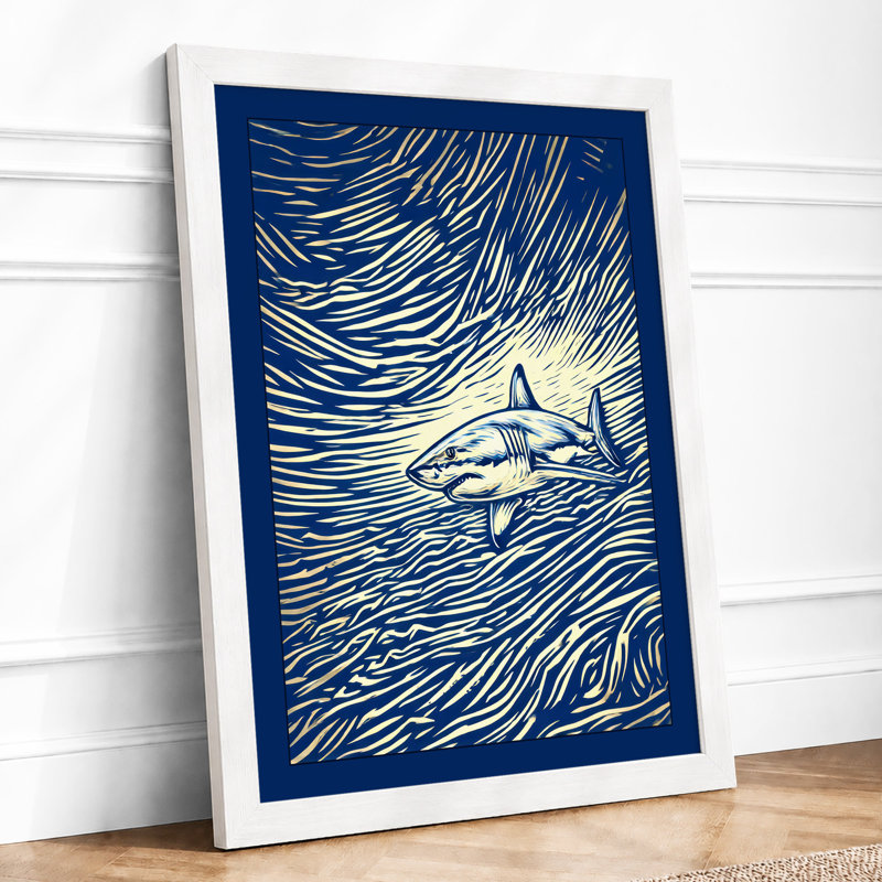 Shark in Motion Graphic Art 1 Piece Single Picture Frame Wall Art, A4 - 29.7 x 21.0 cm, White