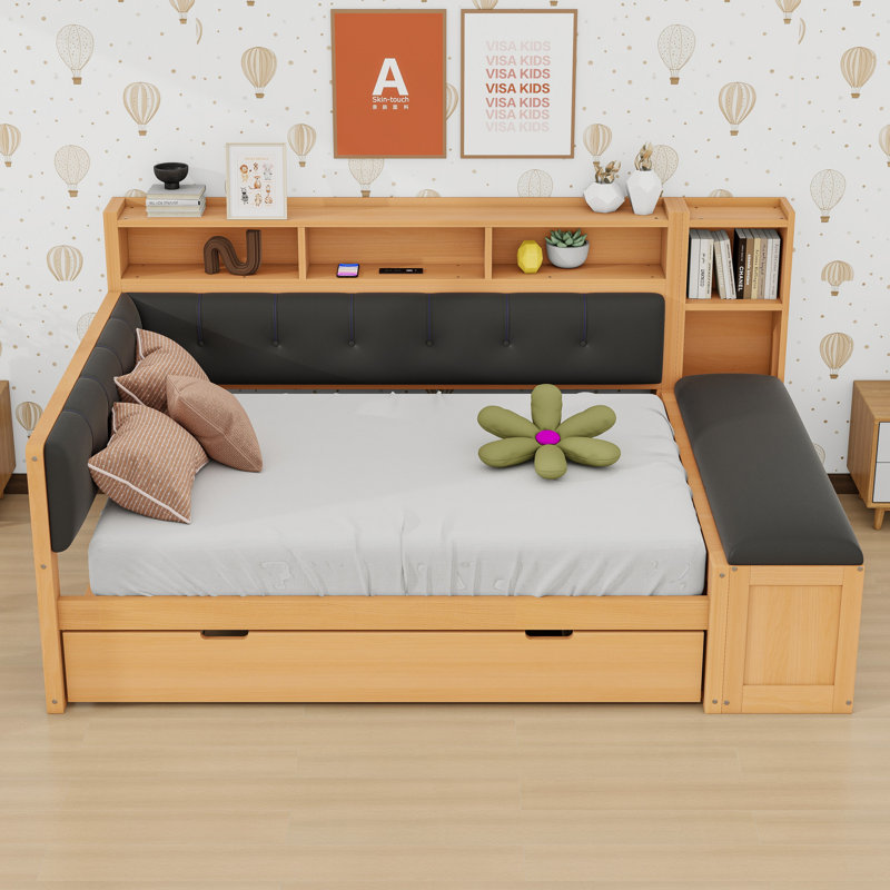 Lit de jour double en bois avec couchette, tablettes de rangement et station de charge, Noir/naturel