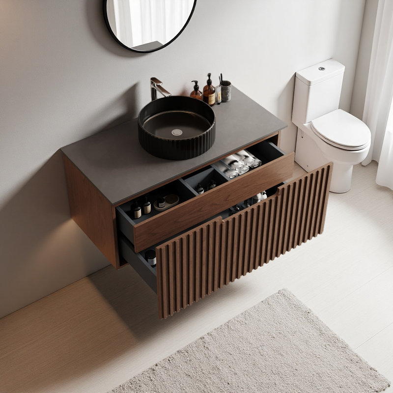 Armoire de salle de bain 48 po noire et brune avec deux tiroirs et porte grillagée, armoire en bois massif multicouche, cuve en céramique