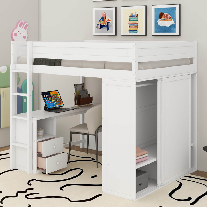 Lit mezzanine en bois avec placards, bureau à 2 tiroirs et armoire, Lit simple, Gris