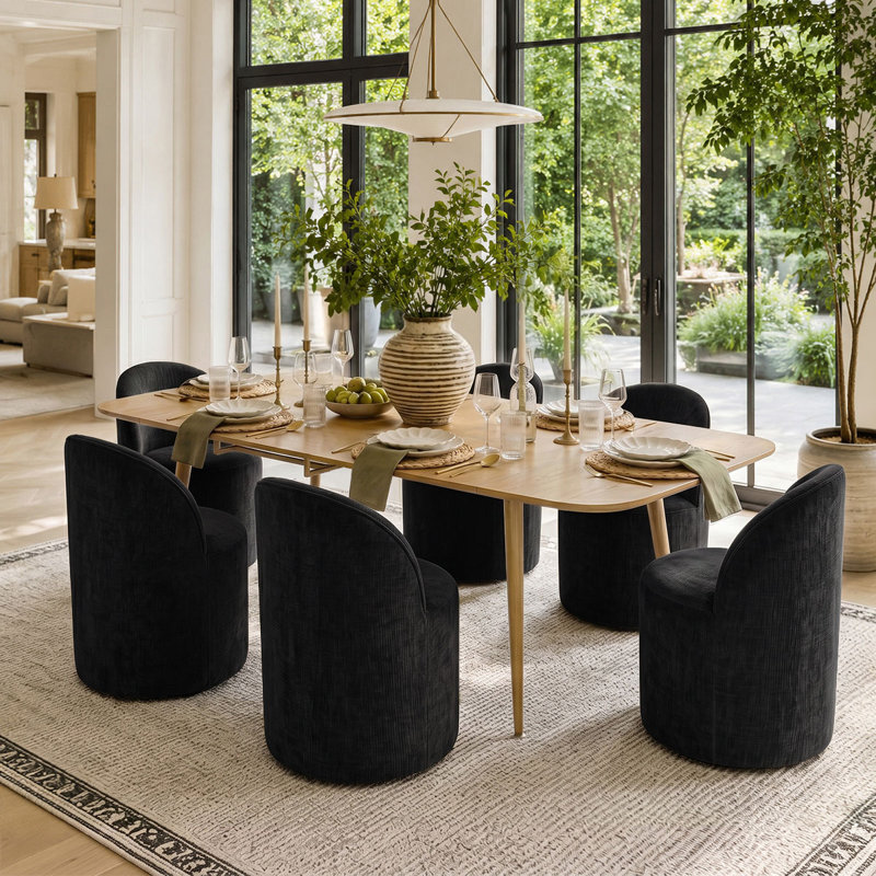 Ensemble de table de salle à manger pour 6 personnes avec table extensible et 6 chaises roulantes revêtues de chenille, Noir