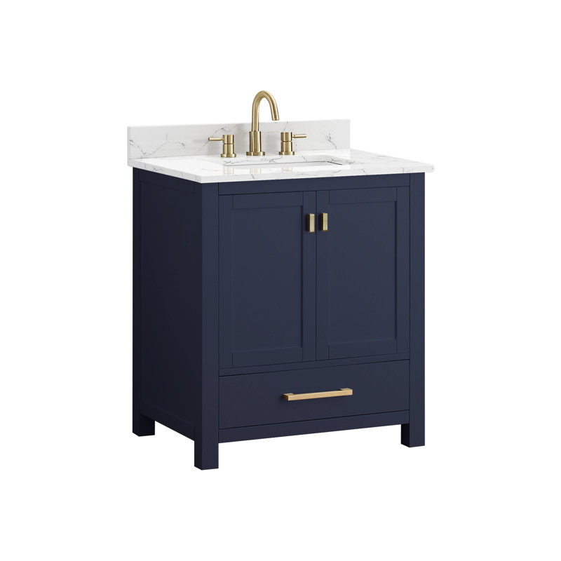 Modero 30" Single Bathroom Vanity with Top, Navy Blue, Cala White Marble, Gold
