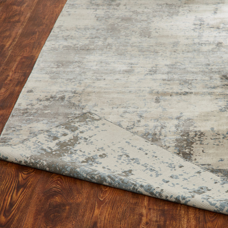 Tapis gris / ivoire fait à la main à motif abstrait, Rectangle 9 pi 6 po x 13 pi