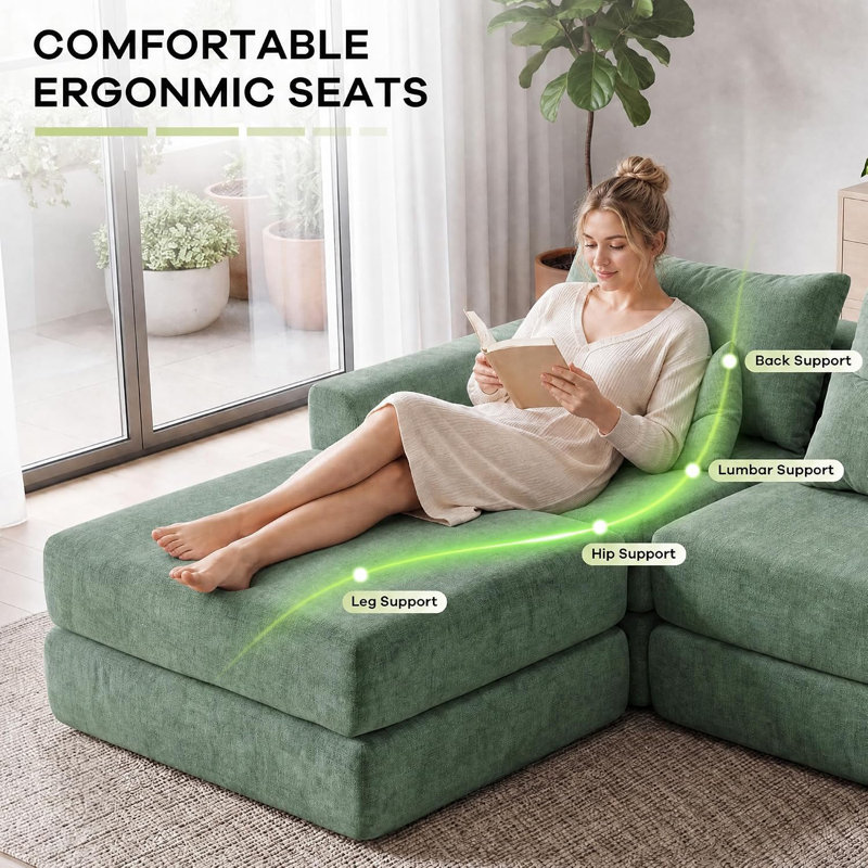 Canapé d'angle modulaire Cloud - Aucun assemblage requis | Confort supérieur, configurations infinies, vert, Chenille verte
