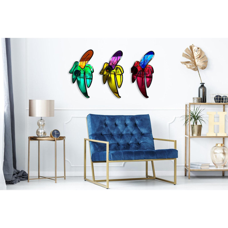 Ensemble de 3 bananes Pop Art - grand miroir mural en acrylique, H 16 po x l 8 po x P 1 po